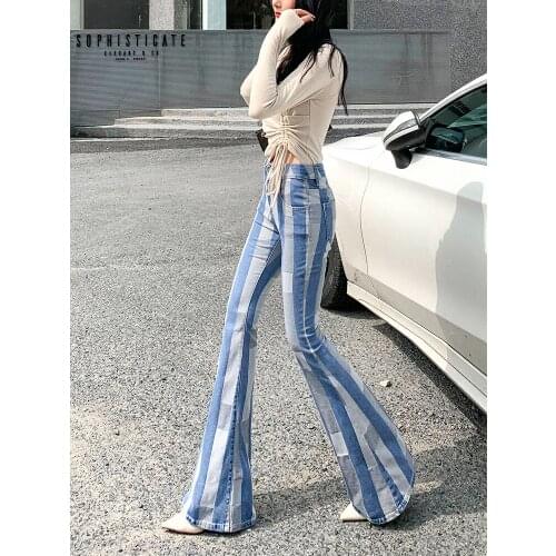 Stitching contrast personality micro-flare jeans womens 2020 spring and autumn new trousers Slim retro drape micro-flare pants