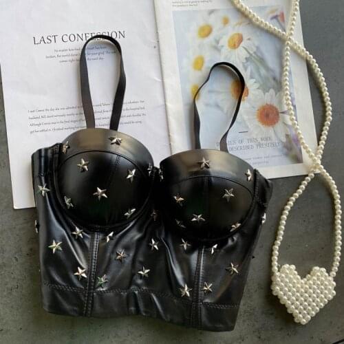 Cool Stars Studded Women Sexy Bra Top Chic Outerwear All-match PU Leather Sapghetti Strap Tube Top TN1290