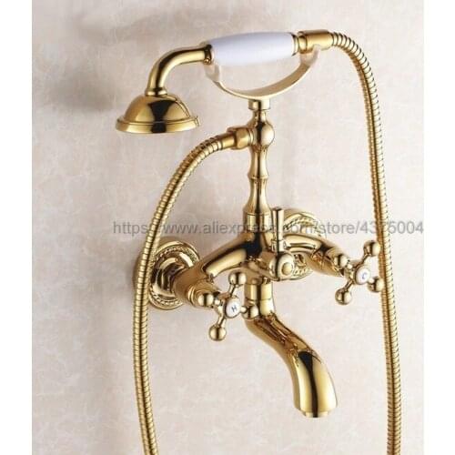 Dual Cross Handles Wall Mounted Polished Gold Brass Bathroom Tub Faucet with Hand Held Shower Sprayer Ntf082
