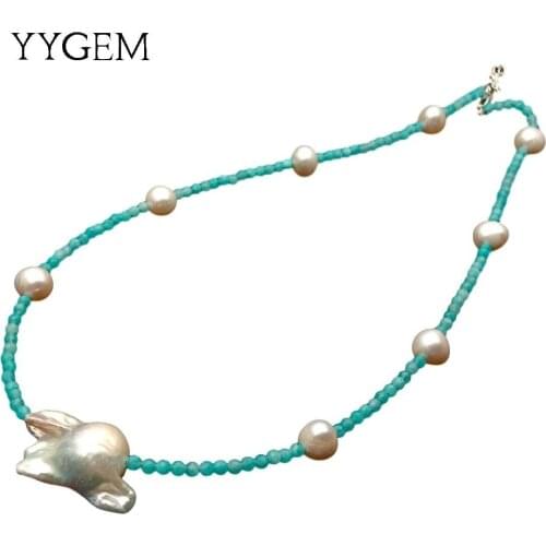 YYGEM Natural Green Peruvian Amazonite Faceted round White Keshi Pearl choker Necklace trendy style for women