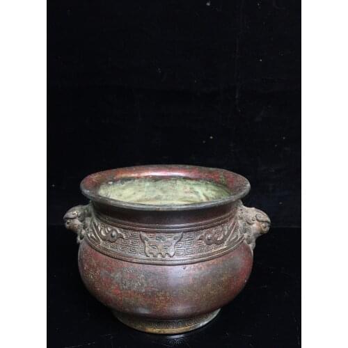 6"Chinese temple collection Old Bronze Cinnabar Lacquer Animal head Binaural incense burner Ornaments Town House Exorcism