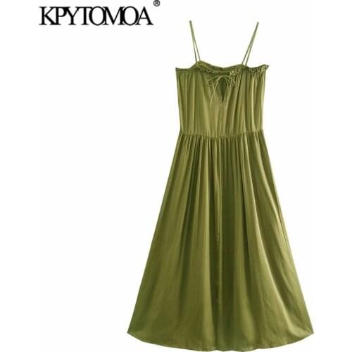 KPYTOMOA Women 2021 Fashion With Tied Soft Touch Midi Dress Vintage Elastic Neck Double Thin Straps Female Dresses Vestidos