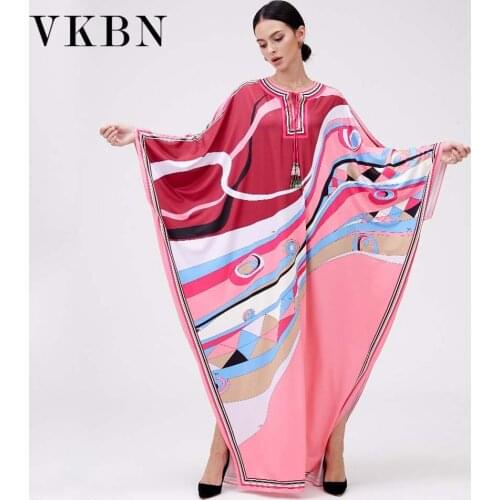 VKBN 2021 Summer Dress Women Casual Red Printing Batwing Sleeves O-Neck Plus Size Women Party Maxi Dresses High Quality