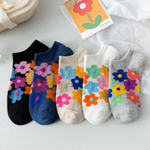 5 Pair Floral Asakuchi Short Ankle Socks Women Print Flowers Invisible Harajuku Kawaii Cute Cotton Socks Girl Vrouw Sokken