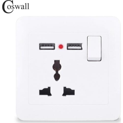 Coswall 13A Universal 3 Pin Wall Socket / British UK Standard Outlet Switched With 2.1A Dual USB Charging Port LED Indicator
