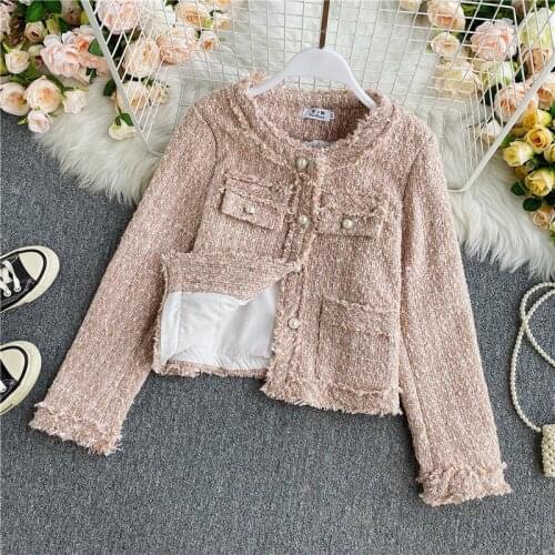 Autumn and winter new Korean style tweed jacket Women French retro small fragrance jacket Female short simple temperament jacket