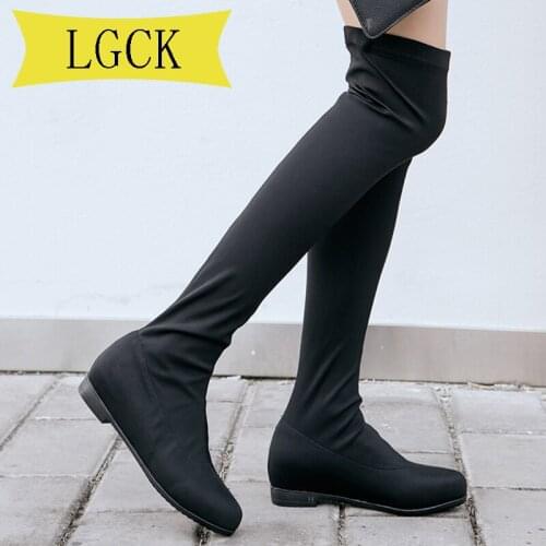 Plus Size 34-41 Women Over The Knee High Boots Low Heels Winter Shoes Round Toe Elastic Fabric Women Boots Brand Autumn Boots