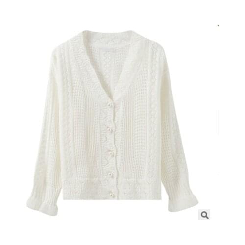 2021 Women Spring Summer Sweater and Cardigans Low V-Neck Knit Tops Long Sleeve Hollow Out Sexy Cardigan Loose White Tops