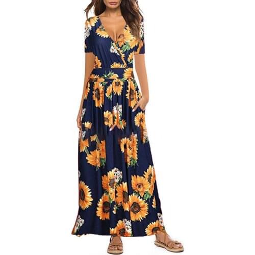 2021 Summer Dresses Women Elegant Gown Fashion Short Sleeve Flowers Printed V-Neck Pocket Long Dress Ladies Clothing
