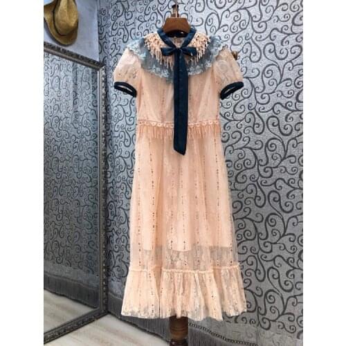 Tassel Party Elegant Dress 2021 Spring Summer Designer Clothing Women Bow Collar Lurex Embroidery Short Sleeve Ruffle Lace Dress
