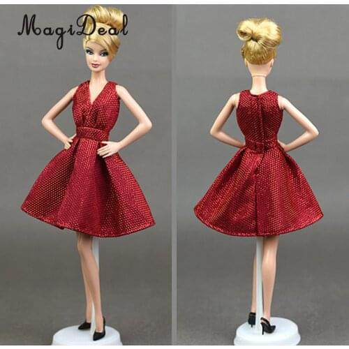 1/6 Trendy V-neck Evening Dress Princess Skirt for Doll Dress Up Accessory Wine Red