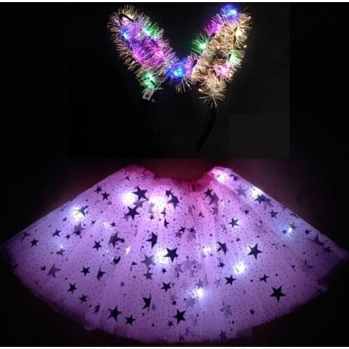 2021 New Mesh Ribbon Light-emitting LED Childrens Skirt Stage Dance Performance Festival Party Big Star Print Headband Pink
