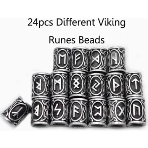 5-24Pcs Fashion Silver Viking Charm Pattern Vintage Beads for Jewelry Making Beard Beads Accessories Carved Rune Beads Hair Bead