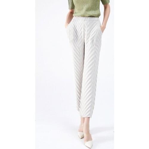 2021 Spring Miyake handmade pleated pants womens high waist straight casual korean pants aesthetic long white trousers
