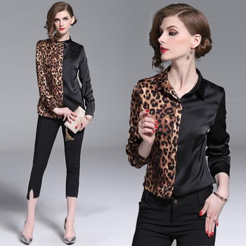 Will stand in Europe during the spring and autumn the new European goods sexy leopard stitching shirt long sleeve shirts western