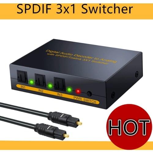 SPDIF Digital Optical Audio Switcher 3x1 SPDIF Toslink Switch Box with Optical Cable Three Input One Output Audio Switcher