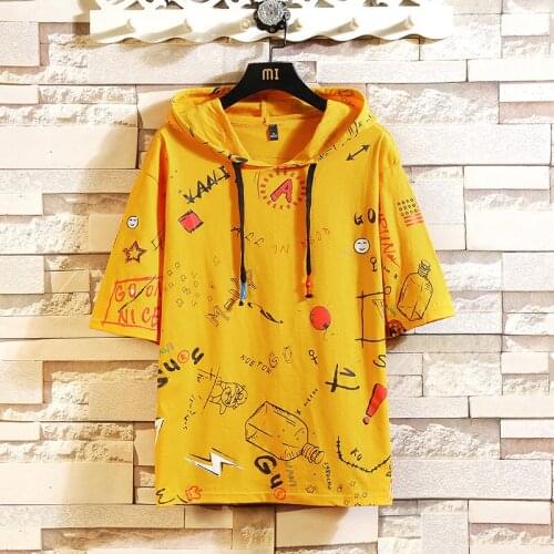 Hip Hop Men Short Sleeve T-Shirts Summer Hooded T-Shirts Men 2021 Fashion Printing T-Shirt Tops Tees Harajuku Graffiti