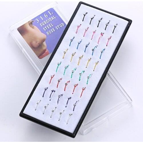 40PCS/Box Stainless Steel Split Ring Multicolor Crystal Nose Stud Lip Eyebrow Hoop Piercing Punk Fashion Jewelry