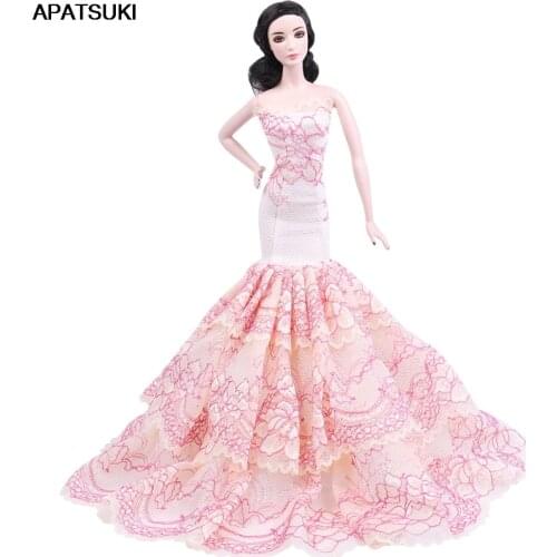 Light Pink Off-Shoulder Lace Mermaid Dress for Barbie Doll Clothes Outfits Party Gown Kids DIY Dollhouse Toy Girl Best Gift