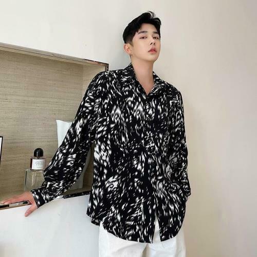 Mens Fashion Long Sleeve Leopard Printed Shirt Youth Casual Loose Party Tops A8