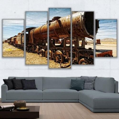 Canvas Wall Art Picture Modern 5 Pieces Wilderness Landscape Retro Train Frame HD Printed Painting Living Room Home Decor Poster