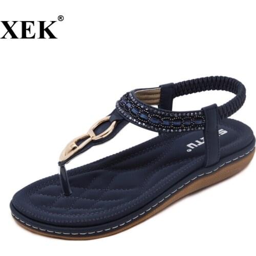 XEK 2018 new women Bohemia Flat sandals woman String Bead flip flop Metal Decoration beach sandals casual shoes size 35-42 WFQ36