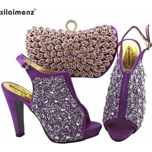 Super High Heels 2019 New Design Nigerian Shoes and Evening Bag to Match High Quality Decorate with Rhinestone in Purple Color