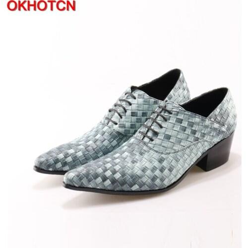 OKHOTCN Male Pointed Toe Cow Leather Shoes Daily Plaid Men Casual Business Dress Shoes Oxfords Men Flat Lace Up Sapato Masculino
