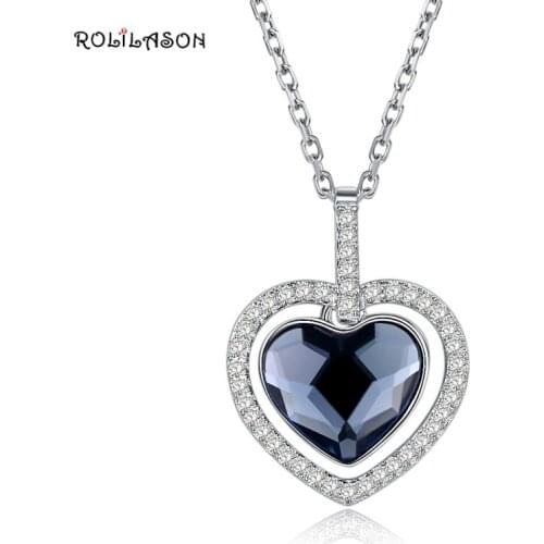 ROLILASON 925 Sterling Silver Heart shaped blue zircon For Ladies Necklace pendant Wedding gift Fashion Jewelry SP50