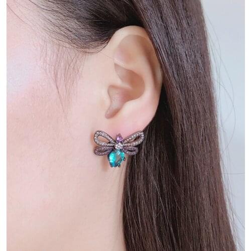 New Black Copper Green Blue Cubic Zirconia Exquisite Bowknot Stud Earrings Women Fashion Cute Girls Simple Elegant Woman Earring