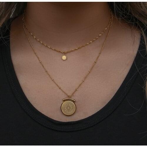 Center of the Universe 2021 Vintage Delicate Ancient Roman Engraved CZ Coin Pendant Multiple Layer Beads Chain Star Necklace