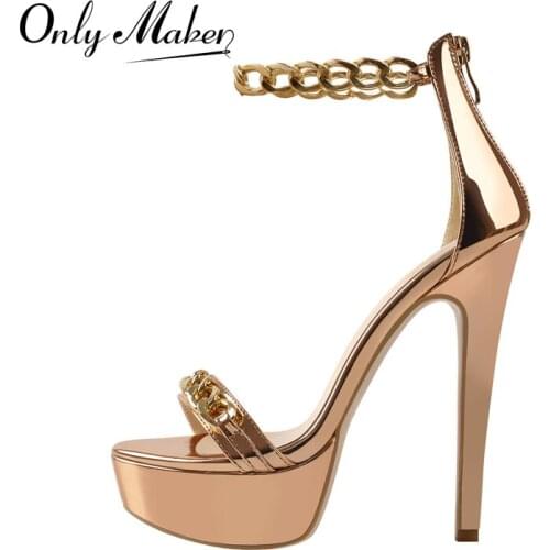 Onlymaker Summer Womens Platform Sandals Gold Pink Patent Leather Metal Chain Stiletto High Heel Shoe Zipper Big Size Elegant