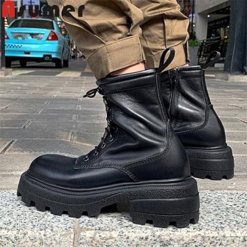 Asumer 2021 Top Quality Genuine Leather Shoes Women Motorcycle Boots Square Toe Zip Thick Bottom Casual Ankle Boots Women
