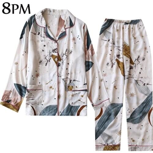 Women Cotton Pajamas Sets Long-Sleeved Trousers Ladies Printing Long Pajamas Suit Simple Style Lovely Home Wear Soft ouc529
