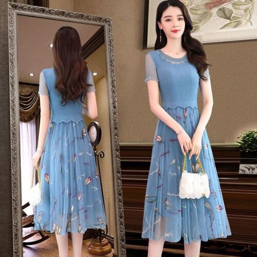 High Quality Mesh Embroidered Chiffon Dress Women 2021 Summer Fashion O-neck Short-sleeve Pleated Dresses Vestidos Femme Y793