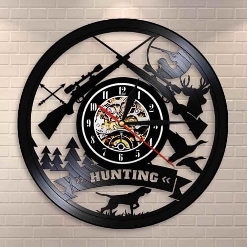 Animal Hunting Adventure Vinyl Record Wall Clock Hunting Rifle Gun Sign Wall Clock Wilderness Tribal Wall Decor Hunter Gift