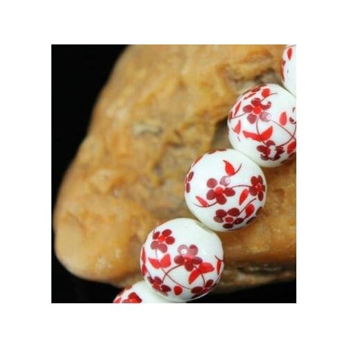 10pcs Decal Ceramic Red flower beads 12MM Plum and Peony Spacer Round Loose beads for Jewelry bracelets making DIY accessories