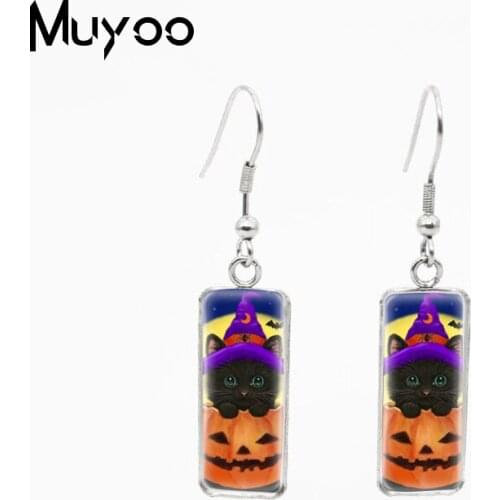 2021 New Vintage Halloween Black Kittens Cat Time with Pumpkin Handcraft Glass Cabochon Rectangle Fish Hook Earrings