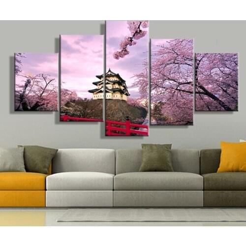 5 Panel Cherry Blossom Japan Vintage Paintings On Canvas Posters And Prints On The Wall Living Room Home Decoration Pictures