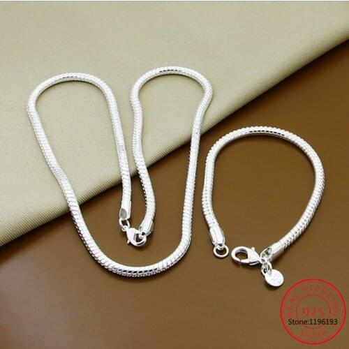 925 Sterling Silver Solid 18/20/24 Inch Snake Chain Bracelet Necklace For Women Men Brand Sets Fashion Charm Jewelry