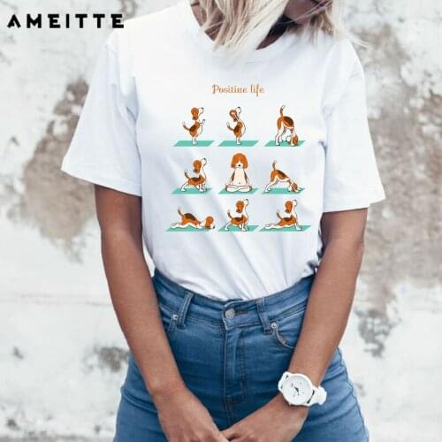 AMEITTE Creative Cartoon dog yo ga tshirts cute Beagle doing yo ga position women hipster white print fitness tops tee