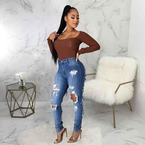 Hipster Hollow Out Bodycon Ripped Jean for Women Fashion High Waist Push Up Stacked Trouser Hip Hop Sportswear Slim Denim Pant