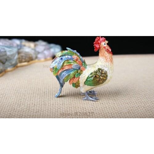 CRYSTAL BEJEWELED ENAMELED HINGED TRINKET BOX -COLORFUL ROOSTER (CHICKEN)