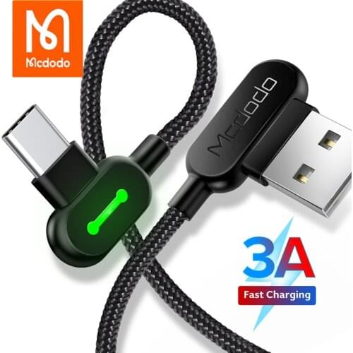 Mcdodo 90 Degree USB Type C Cable 3A Fast Charing For Samsung Xiaomi Redmi Note 9 Mobile Phone Charger USB C LED Data Cable Cord
