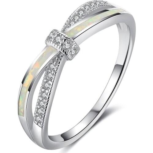Cute Bow Cross Rhinestones Ring Fashion Zircon White Imitation Fire Opal Ring For Women Jewelry Female Wedding Party Girl Gift