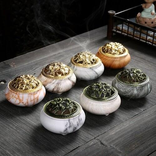 Marble Coil Censer Incense Burners Copper Cover Ceramic Stick Burner Antique Sandalwood Incense Holder Home Zen Room Crafts