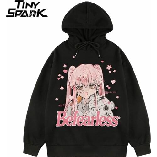 Men Hoodie Sweatshirt Hip Hop Streetwear Anime Girl Bear Print Harajuku Pullover Cotton Fleece 2021 Autumn Hooded Hoodie Black