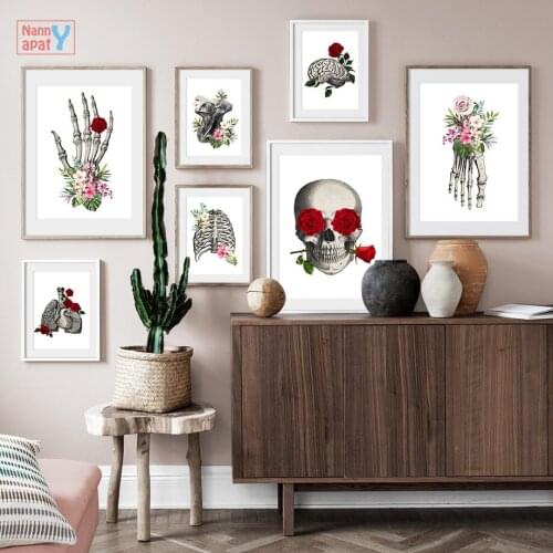 Rose Skull Wall Art Canvas Painting Abstract Human Organs Poster Head Heart Finger With Flower Anatomy Prints Picture Home Decor