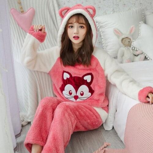 New Winter Flannel Warm Pajamas Korean Cartoon Pajama Set Pijama Mujer Leisure Home Clothing Suit Pyjamas Women Sleepwear Suit