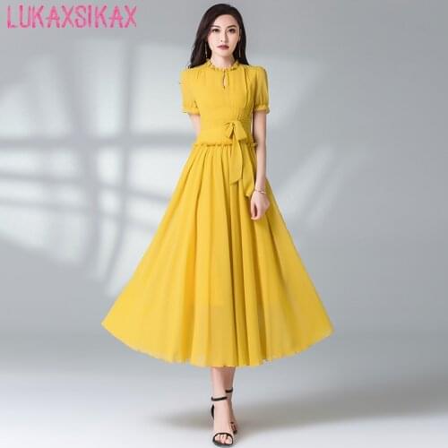 LUKAXSIKAX 2020 New Summer Women Dress Fashion Ruffles 7 Colors Solid Color Chiffon Dress Elegant Big Hem Slim Long Dress